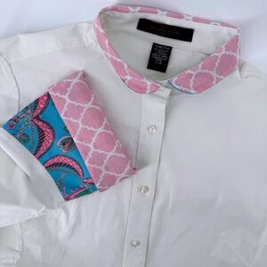Pearly Vine Womens Large White Stretch Button Shirt Contrast French Cuffs Floral